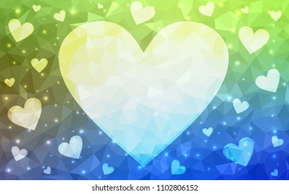 Light Blue, Green vector heart isolated on white background. Geometric rumpled triangular low poly origami style gradient graphic illustration. Polygonal design for your business.
