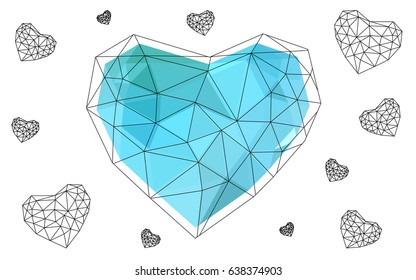 Light Blue, Green vector heart isolated on white background. Geometric rumpled triangular low poly origami style gradient graphic illustration. Polygonal design for your business.
