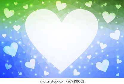 Light Blue, Green vector heart isolated on white background. Geometric rumpled triangular low poly origami style gradient graphic illustration. Polygonal design for your business.