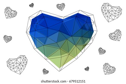 Light Blue, Green vector heart isolated on white background. Geometric rumpled triangular low poly origami style gradient graphic illustration. Polygonal design for your business.