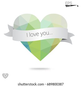 Light Blue, Green vector heart isolated on white background. Geometric rumpled triangular low poly origami style gradient graphic illustration. Polygonal design for your business.