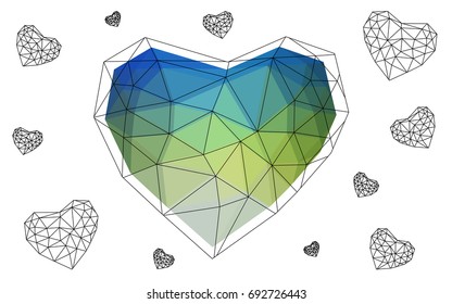 Light Blue, Green vector heart isolated on white background. Geometric rumpled triangular low poly origami style gradient graphic illustration. Polygonal design for your business.