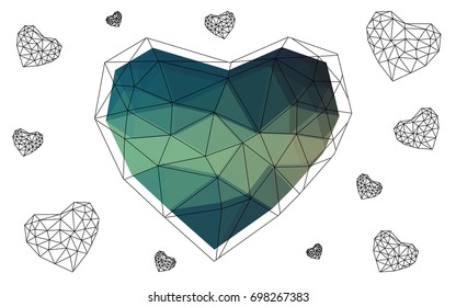 Light Blue, Green vector heart isolated on white background. Geometric rumpled triangular low poly origami style gradient graphic illustration. Polygonal design for your business.