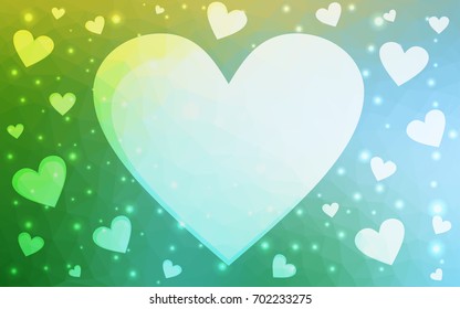 Light Blue, Green vector heart isolated on white background. Geometric rumpled triangular low poly origami style gradient graphic illustration. Polygonal design for your business.