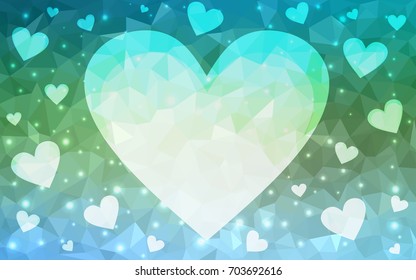 Light Blue, Green vector heart isolated on white background. Geometric rumpled triangular low poly origami style gradient graphic illustration. Polygonal design for your business.