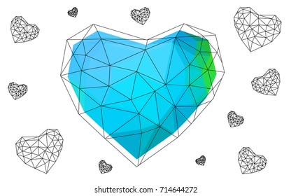 Light Blue, Green vector heart isolated on white background. Geometric rumpled triangular low poly origami style gradient graphic illustration. Polygonal design for your business.
