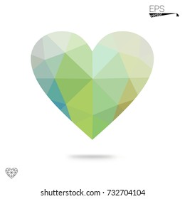 Light Blue, Green vector heart isolated on white background. Geometric rumpled triangular low poly origami style gradient graphic illustration. Polygonal design for your business.
