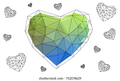 Light Blue, Green vector heart isolated on white background. Geometric rumpled triangular low poly origami style gradient graphic illustration. Polygonal design for your business.