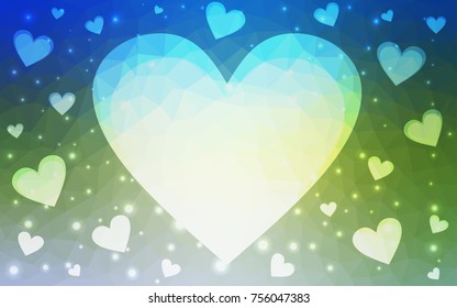 Light Blue, Green vector heart isolated on white background. Geometric rumpled triangular low poly origami style gradient graphic illustration. Polygonal design for your business.