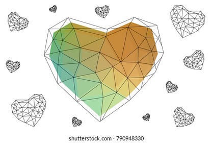 Light Blue, Green vector heart isolated on white background. Geometric rumpled triangular low poly origami style gradient graphic illustration. Polygonal design for your business.