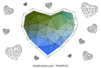 Light Blue, Green vector heart isolated on white background. Geometric rumpled triangular low poly origami style gradient graphic illustration. Polygonal design for your business.