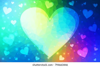 Light Blue, Green vector heart isolated on white background. Geometric rumpled triangular low poly origami style gradient graphic illustration. Polygonal design for your business.