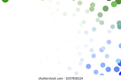Light Blue, Green vector illustration which consist of circles. Dotted gradient design for your business. Creative geometric background in halftone style with colored spots.