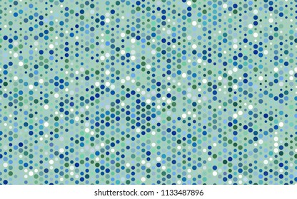 Light Blue, Green vector illustration which consist of circles. Dotted gradient design for your business. Creative geometric background in halftone style with colored spots.