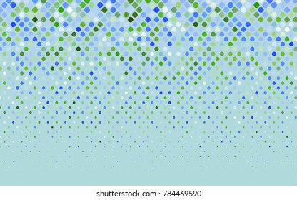 Light Blue, Green vector illustration which consist of circles. Dotted gradient design for your business. Creative geometric background in halftone style with colored spots.