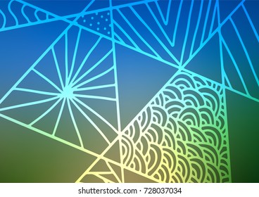 Light Blue, Green vector indian curved background. Doodles on blurred abstract background with gradient. The pattern can be used for wallpapers and coloring books.