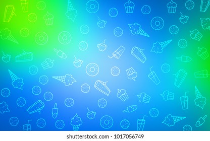 Light Blue, Green vector layout with sweet desserts. Beautiful colored illustration with candies in doodle style. Pattern for ad, booklets, leaflets of restaurants.