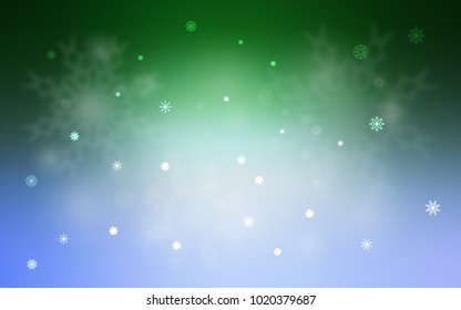 Light Blue, Green vector layout with bright snowflakes. Snow on blurred abstract background with gradient. The pattern can be used for new year ad, booklets.