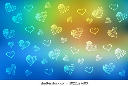 Light Blue, Green vector layout with sweet hearts. Decorative shining illustration with hearts on abstract template. Pattern can be used for valentine's ad, booklets.