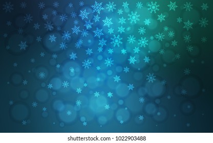 Light Blue, Green vector layout with bright snowflakes. Blurred decorative design in xmas style with snow. The pattern can be used for year new  websites.