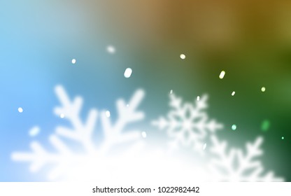 Light Blue, Green vector layout with bright snowflakes. Snow on blurred abstract background with gradient. The pattern can be used for new year ad, booklets.