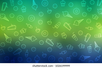 Light Blue, Green vector layout with sweet desserts. Decorative shining illustration with sweets on abstract template. Pattern for menu of cafes and restaurants.