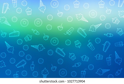 Light Blue, Green vector layout with sweet desserts. Illustration with set of sweet food in doodle style. Doodle design for your business advert of cafes.