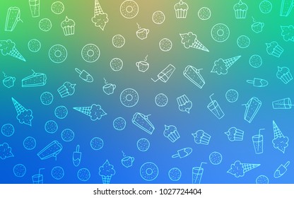 Light Blue, Green vector layout with sweet desserts. Decorative shining illustration with sweets on abstract template. Design for ad, poster, banner of cafes or restaurants.