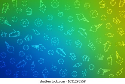 Light Blue, Green vector layout with sweet desserts. Decorative shining illustration with sweets on abstract template. Pattern for menu of cafes and restaurants.