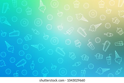 Light Blue, Green vector layout with sweet desserts. Illustration with set of sweet food in doodle style. Pattern for menu of cafes and restaurants.