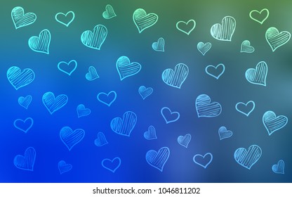 Light Blue, Green vector layout with sweet hearts. Blurred decorative design in doodle style with hearts. Template for Valentine's greeting postcards.