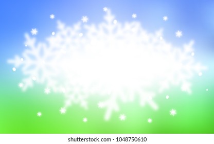 Light Blue, Green vector layout with bright snowflakes. Snow on blurred abstract background with gradient. The pattern can be used for year new  websites.
