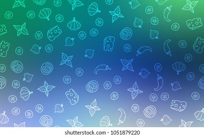 Light Blue, Green vector layout with restaurant food. Beautiful colored illustration with food in doodle style. Template for meal cooking in kitchen.