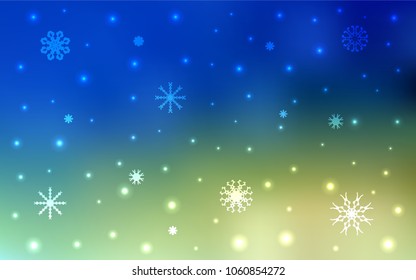 Light Blue, Green vector layout with bright snowflakes. Shining colored illustration with snow in christmas style. The template can be used as a new year background.