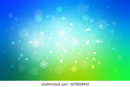 Light Blue, Green vector layout with bright snowflakes. Shining colored illustration with snow in christmas style. The pattern can be used for year new  websites.