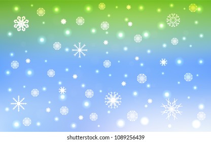 Light Blue, Green vector layout with bright snowflakes. Snow on blurred abstract background with gradient. The pattern can be used for new year leaflets.