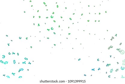 Light Blue, Green vector layout with banking symbols. Blurred design in with symbols of EUR, USD, JPY. The pattern can be used as ads, poster, banner for payments.