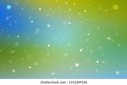 Light Blue, Green vector layout with bright snowflakes. Blurred decorative design in xmas style with snow. The pattern can be used for new year leaflets.