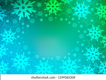 Light Blue, Green vector layout with bright snowflakes. Decorative shining illustration with snow on abstract template. The pattern can be used for new year leaflets.