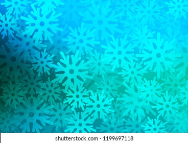 Light Blue, Green vector layout with bright snowflakes. Snow on blurred abstract background with gradient. The pattern can be used for year new  websites.