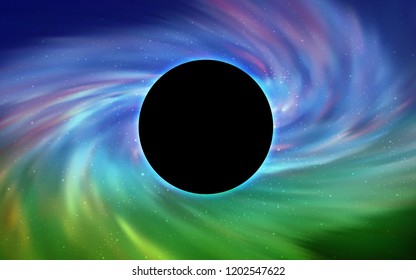 Light Blue, Green vector layout with a black hole, universe. Colorful black hole with shining night sky stars. Backdrop for Black Friday promotions.