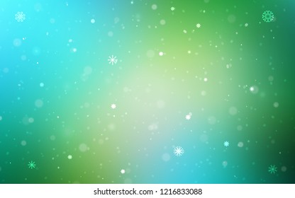 Light Blue, Green vector layout with bright snowflakes. Shining colored illustration with snow in christmas style. The pattern can be used for year new  websites.