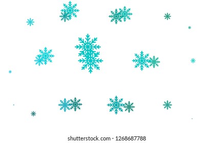 Light Blue, Green vector layout with bright snowflakes. Shining colored illustration with snow in christmas style. The pattern can be used for new year ad, booklets.