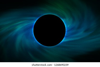 Light Blue, Green vector layout with a black hole, universe. Colorful black hole with shining night sky stars. Backdrop for Black Friday promotions.