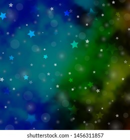 Light Blue, Green vector layout with circles, stars. Abstract illustration with colorful spots, stars. Pattern for design of fabric, wallpapers.