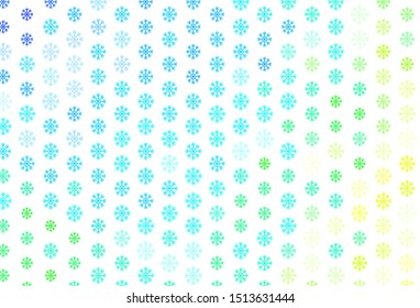 Light Blue, Green vector layout with bright snowflakes. Shining colorful illustration with snow on abstract template. Pattern for new year websites.