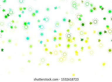 Light Blue, Green vector layout with stars, suns. Glitter abstract illustration with colored stars, suns. Pattern for astronomy websites.