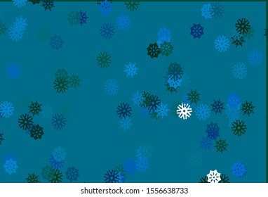 Light Blue, Green vector layout with bright snowflakes. Decorative shining illustration with snow on abstract template. The pattern can be used for new year leaflets.