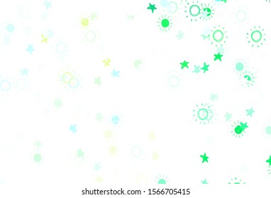 Light Blue, Green vector layout with stars, suns. Glitter abstract illustration with colored stars, suns. Pattern for futuristic ad, booklets.