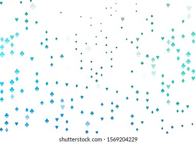 Light Blue, Green vector layout with elements of cards. Illustration with set of hearts, spades, clubs, diamonds. Design for ad, poster, banner of gambling websites.